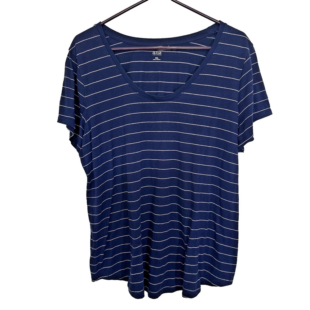 a.n.a Women Plus Size 2X Navy Striped V-Neck Short Sleeve T-Shirt Rayon Blend